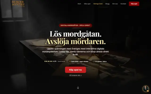 Murder Mystery – webbplatsen i en laptop